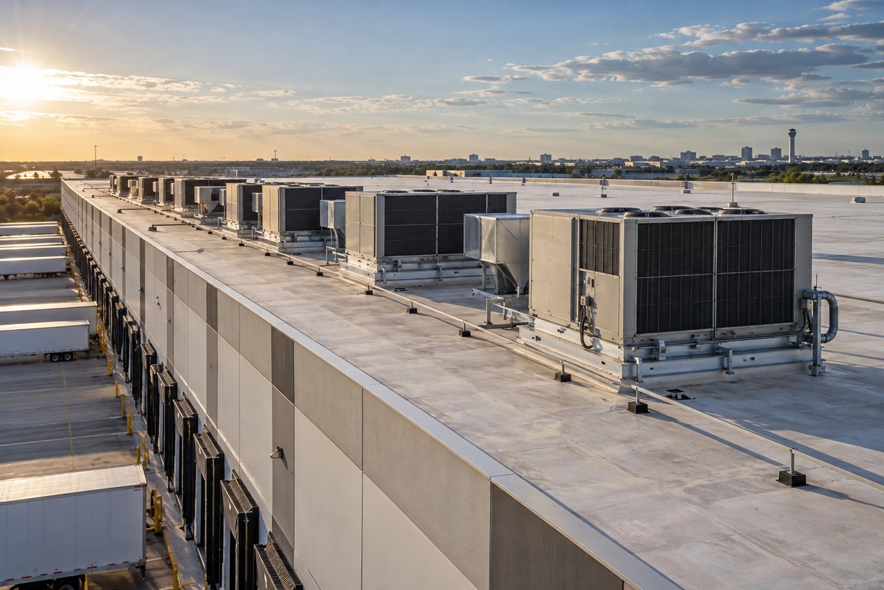 Illustrative HVAC scene: A row of rooftop units on the long flat roof of a distribution centre, dock doors visible along the building below