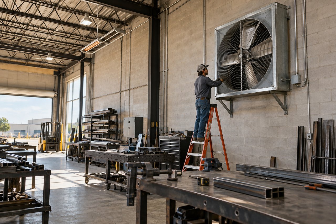 Illustrative HVAC scene: A technician checking a large wall exhaust fan in a clean fabrication shop, workbenches below