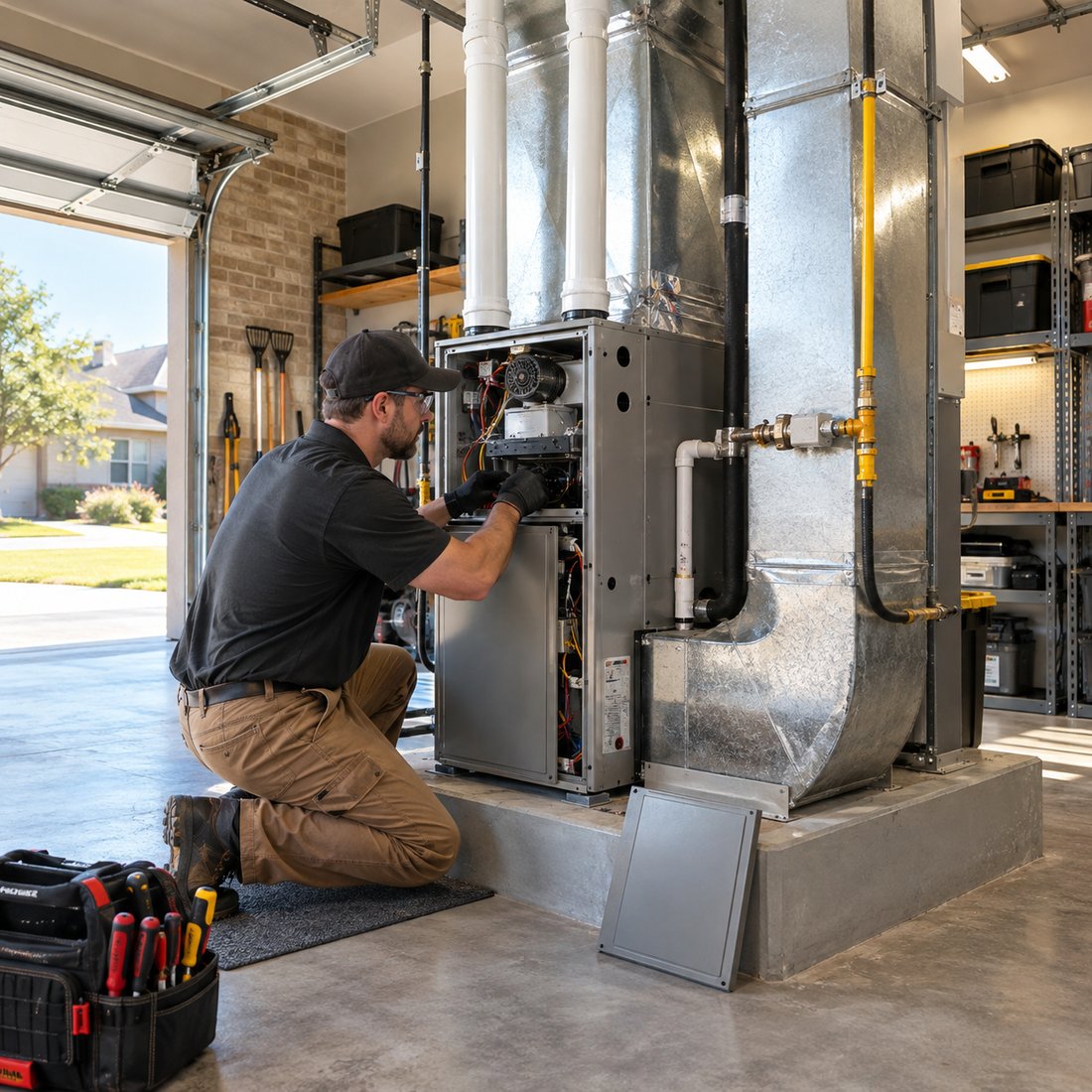 Illustrative HVAC scene: A technician servicing a gas furnace mounted on a platform in a tidy house garage