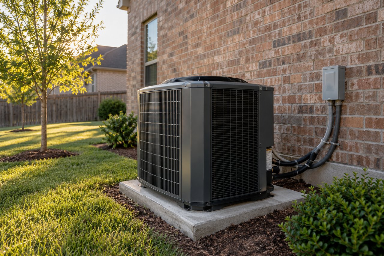 Illustrative HVAC scene: A new heat pump on a pad beside a brick two-storey house in Carrollton, a young tree in the yard